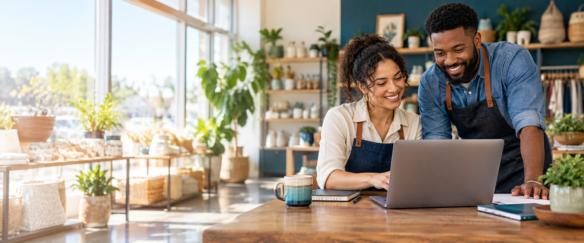 Two smiling business owners wearing aprons collaborating over a laptop in a well-lit, plant-filled boutique