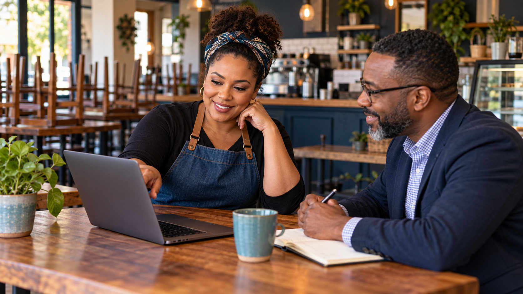 A business owner reviewing plans with an advisor at a wooden table, looking at a laptop together in a café setting