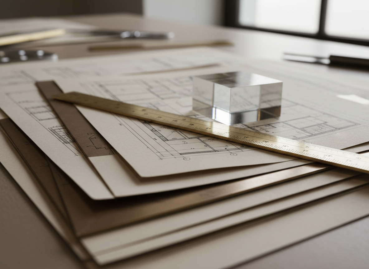 Architectural blueprint papers representing the IP2Income development process