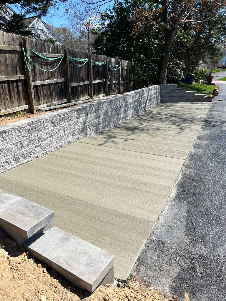 Concrete sidewalk with retaining wall