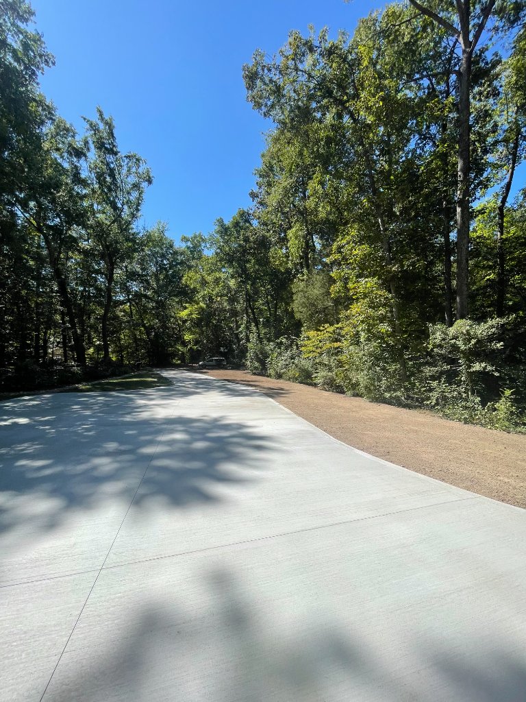 Concrete driveway through wooded property
