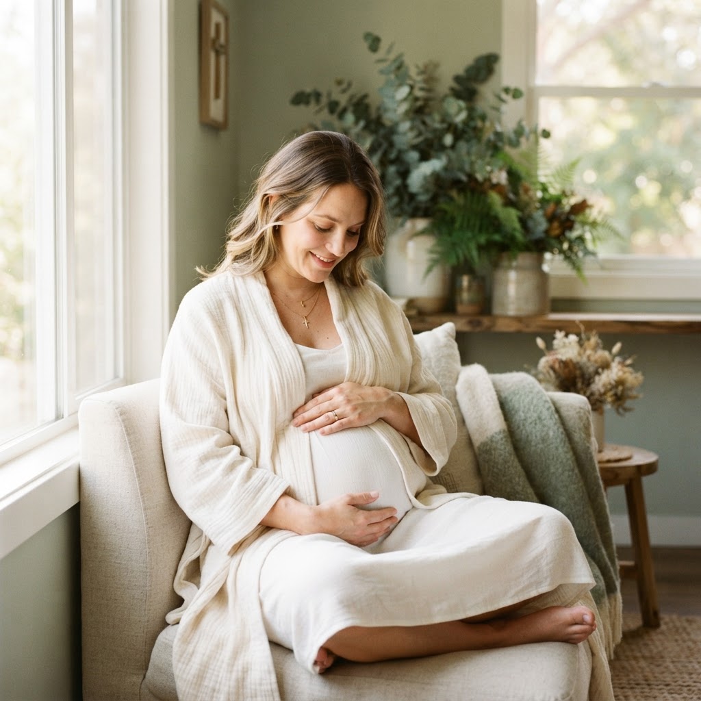 A mother gently cradling her pregnant belly in soft natural light