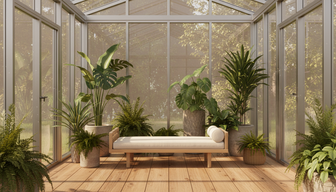 Glass conservatory with plants