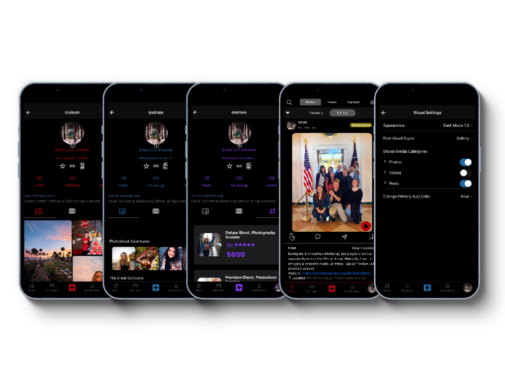 TAP Network App screens