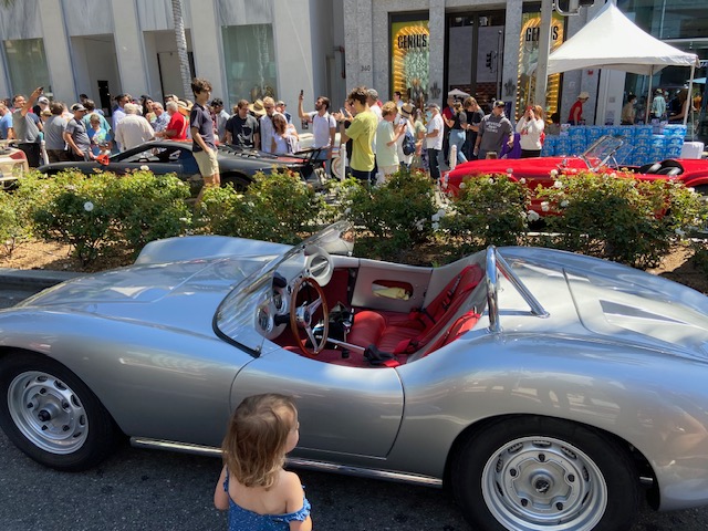 Silver Porsche Speedster — red interior, Rodeo Drive crowd