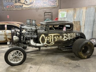 "Quit Your Bitchin" coupe — full build view, blown, lettered