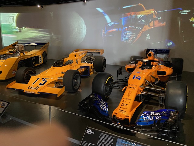 McLaren museum — Gulf M8C, F1 car #15, and modern MCL33
