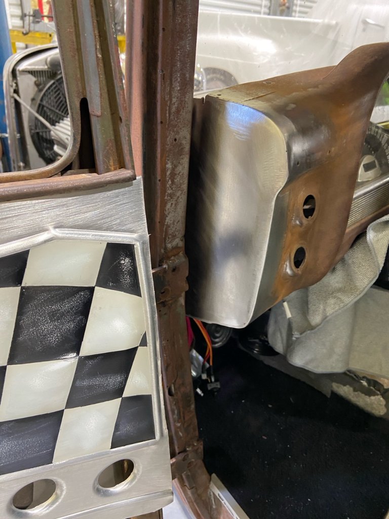 Full car on the road — louvered top, patina finish, whitewalls