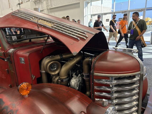 Vintage truck engine bay — turbo diesel, open hood at SEMA