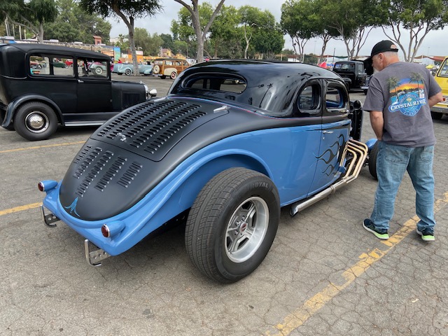 Striped dragster — red, white, and blue at Pomona