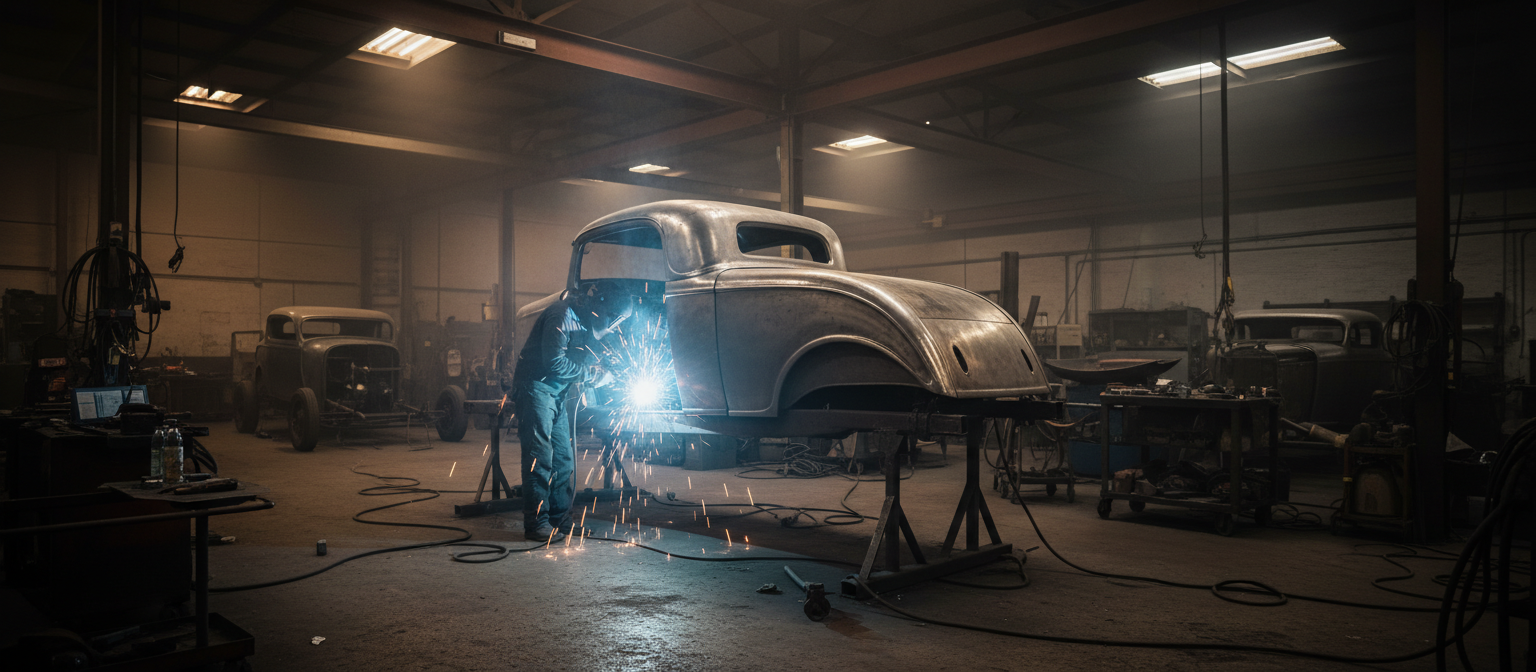 Hand-shaped raw steel hot rod body on a chassis jig with welding sparks in a dim fabrication shop