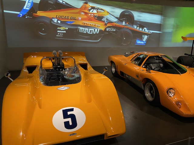 McLaren Can-Am #5 and M6GT — museum display