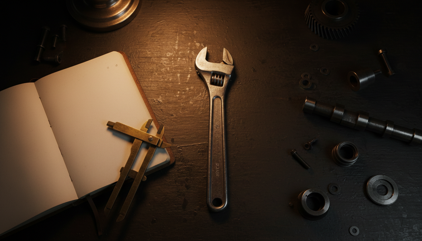 Dark oily workbench with a vintage wrench, leather notebook, calipers, and machined steel parts