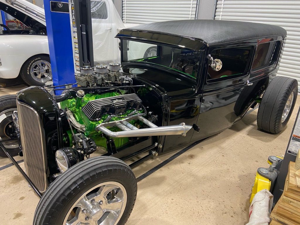 1930 Ford Two-Door — black over green, triple carb Edelbrock V8, fat rear rubber