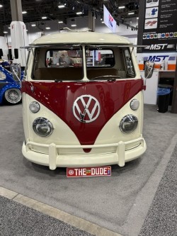 "The Dude" VW split-window bus — red and cream, show floor