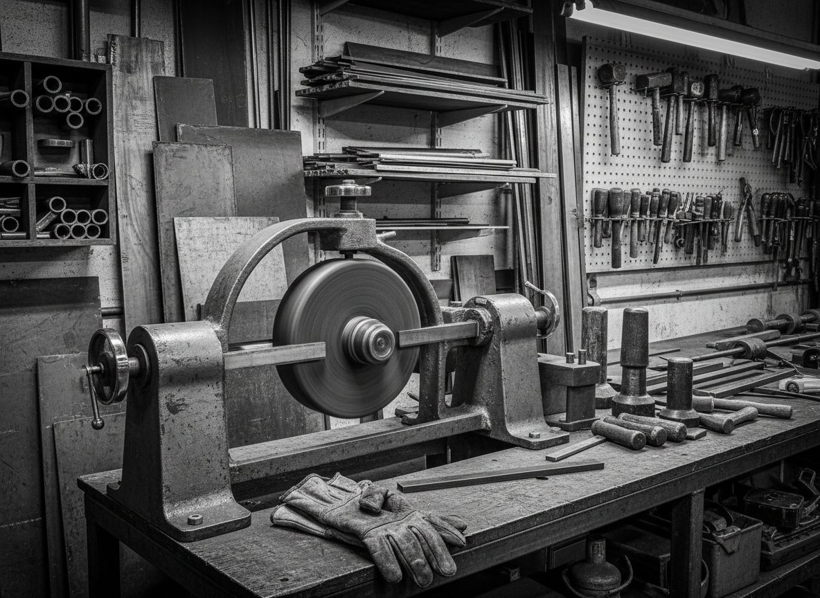 Black and white English wheel and custom metal shaping tools in a hot rod fabrication shop