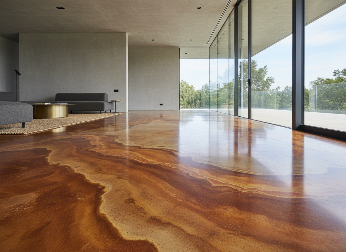 Acid-stained concrete floor with rich amber and earth tone variations in a contemporary living space