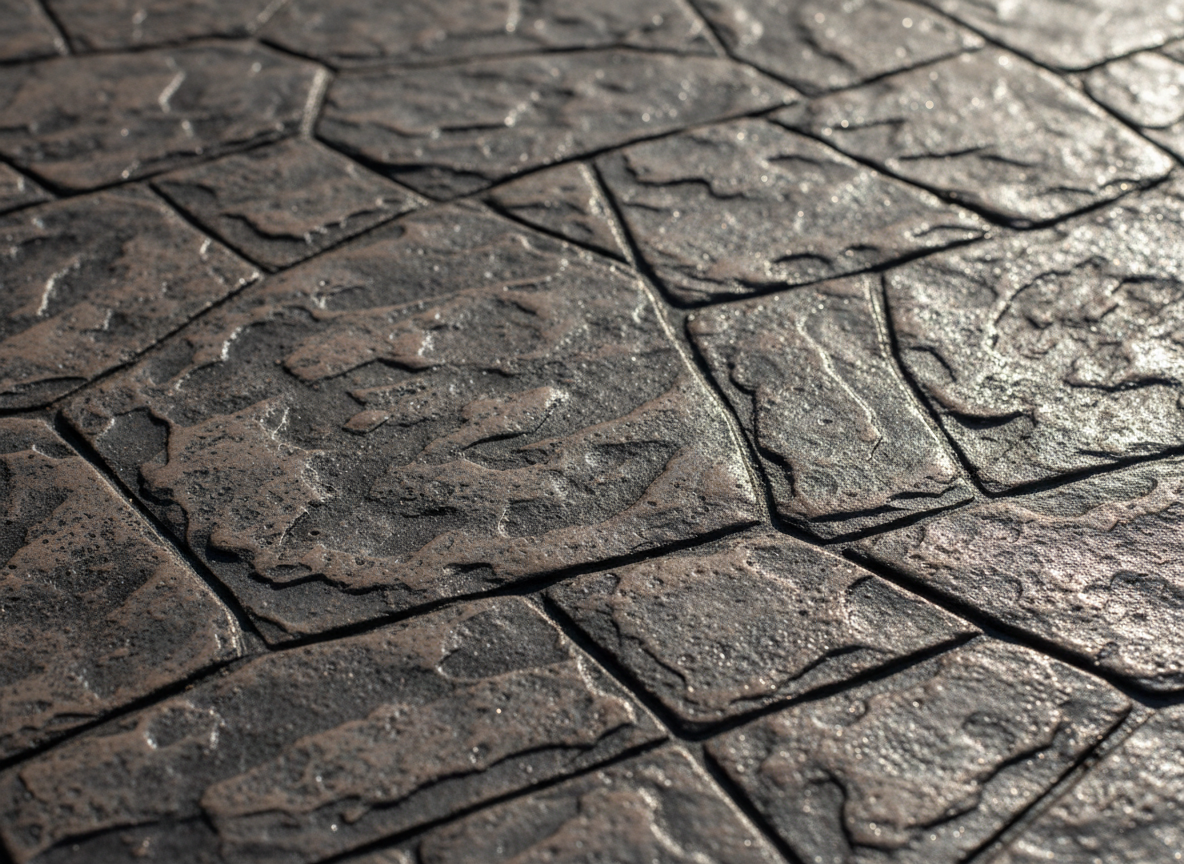 Decorative stamped concrete surface with intricate stone-like texture pattern in warm grey tones