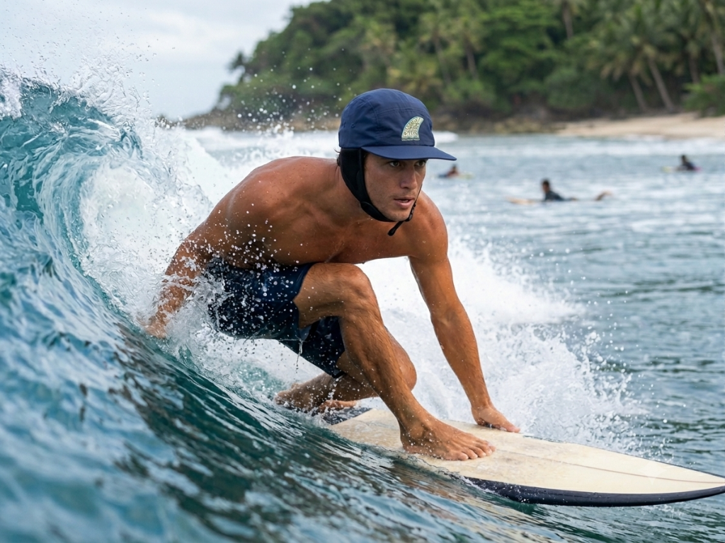 Surfer riding a wave wearing the Born to Surf hat