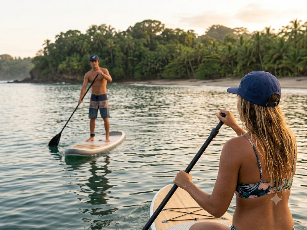 Two people paddleboarding at golden hour wearing surf hats