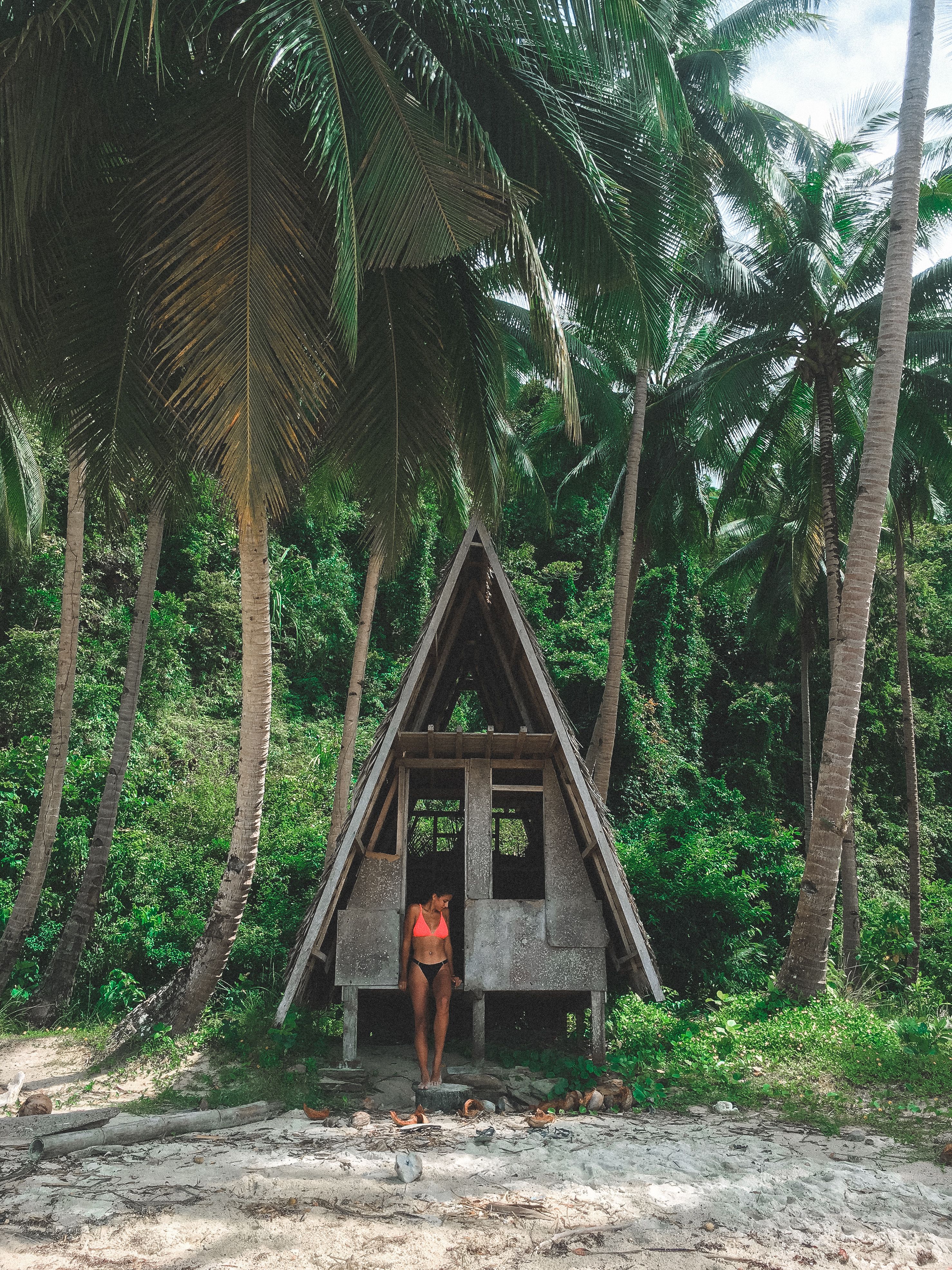 Rustic A-frame island shack in the jungle