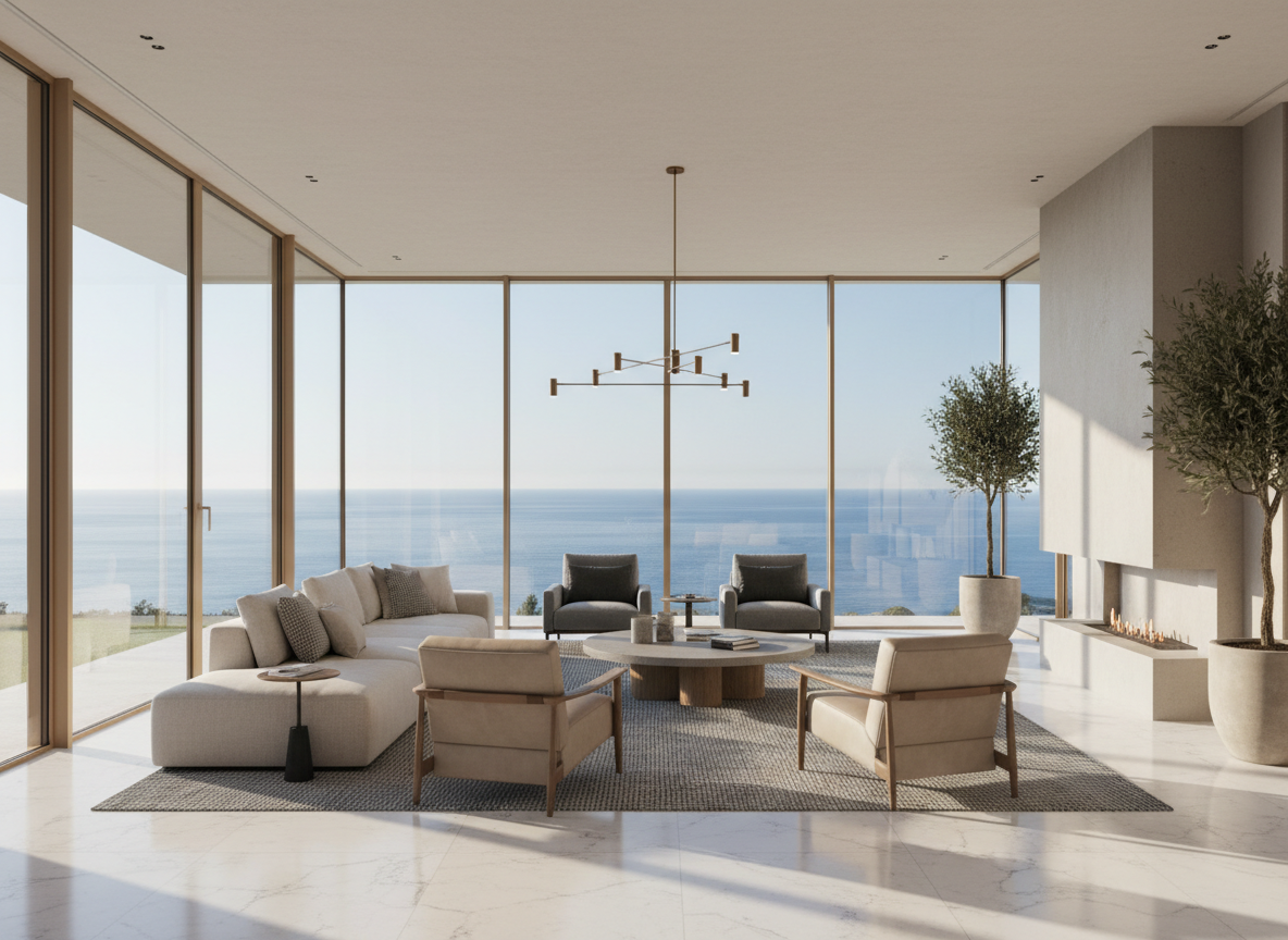 Luxury modern villa interior with Mediterranean sea view