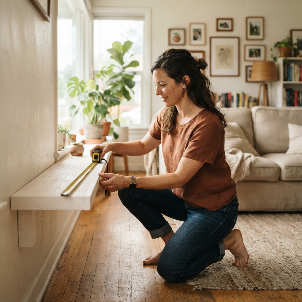 A woman measuring a wooden shelf with a tape measure at home
