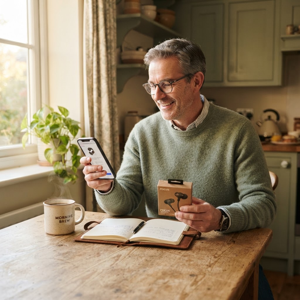 A man comparing a product online before buying it