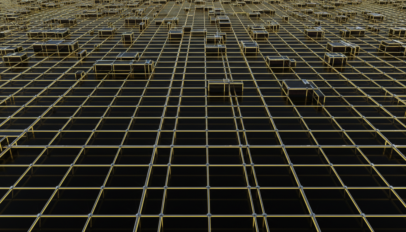 Glowing digital measurement grid stretching into an obsidian horizon