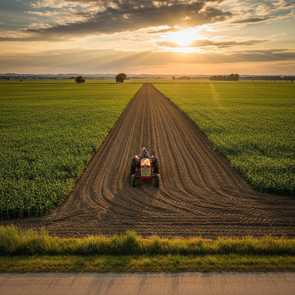 Rural road and agriculture field with a tractor and driver