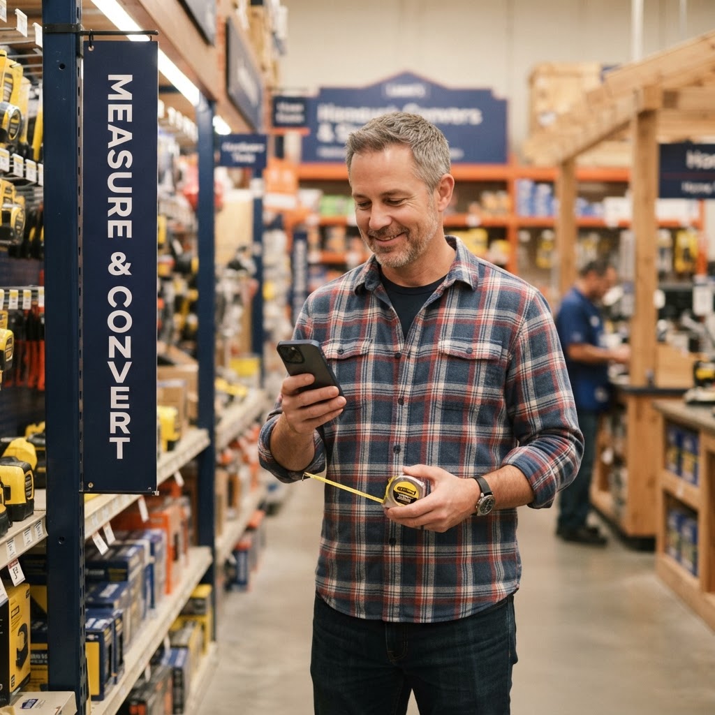 A man checking a measurement conversion on his smartphone while shopping for home supplies