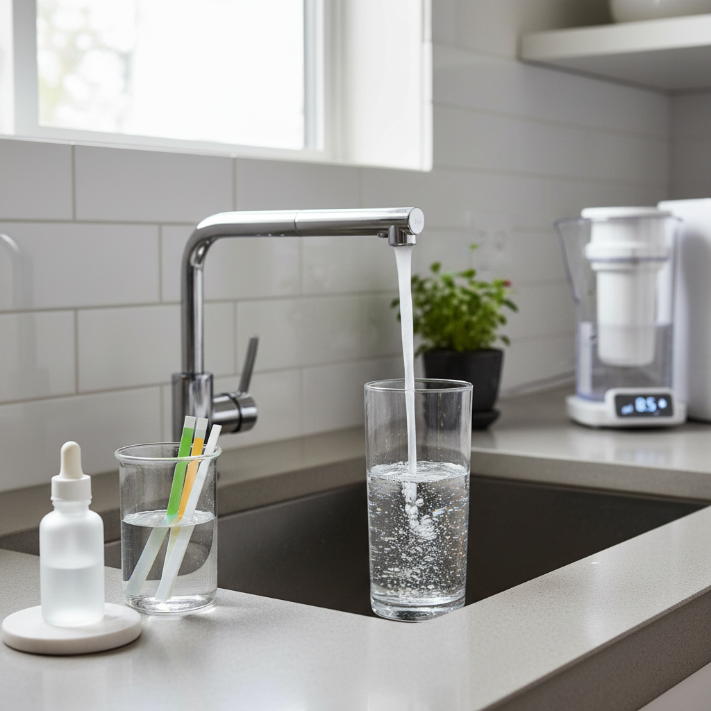 Küchenarmatur mit Wassertest-Symbolen