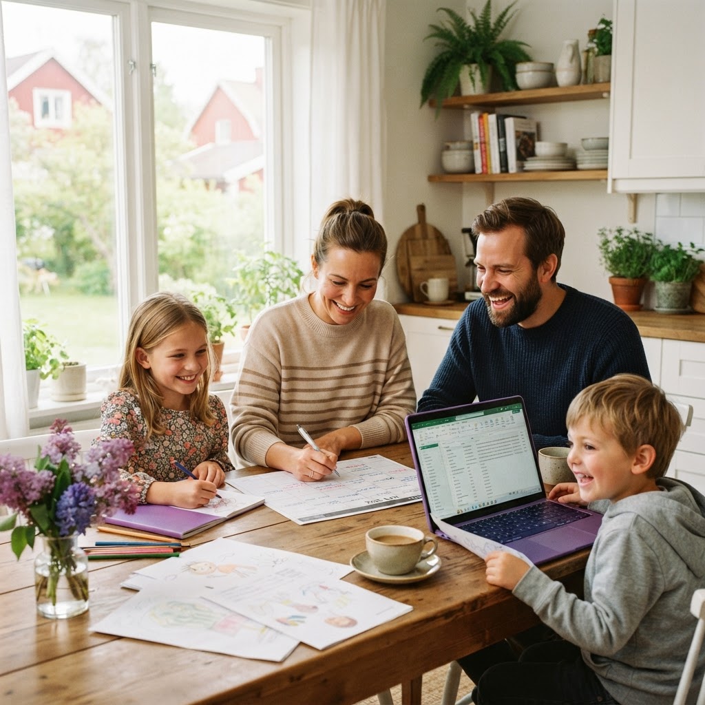 Familj samlad runt köksbordet