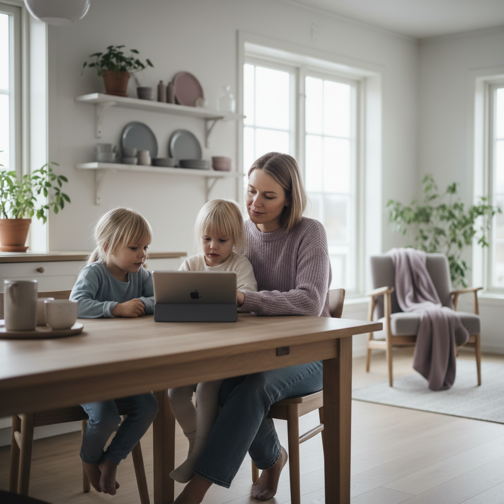 Familj samlad kring en surfplatta i ett ljust svenskt kök – lugn och organiserad vardag