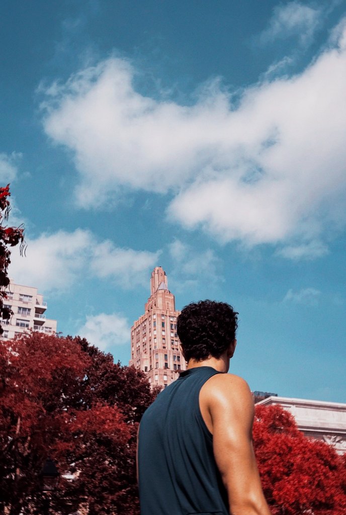 A person from behind gazes up at a pink art deco building against a brilliant blue sky with white clouds, red trees in the foreground