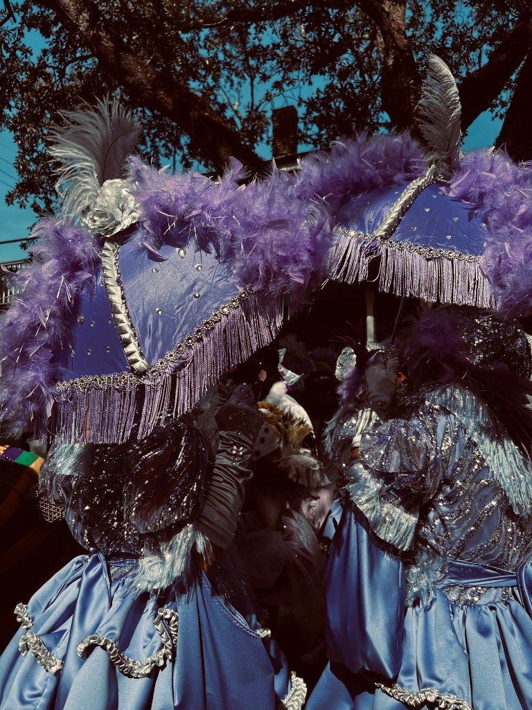 Two Mardi Gras parade performers in elaborate blue and purple feathered costumes with decorative parasols