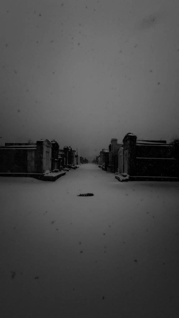 Snow-covered New Orleans cemetery at dusk — rows of aboveground tombs disappearing into fog