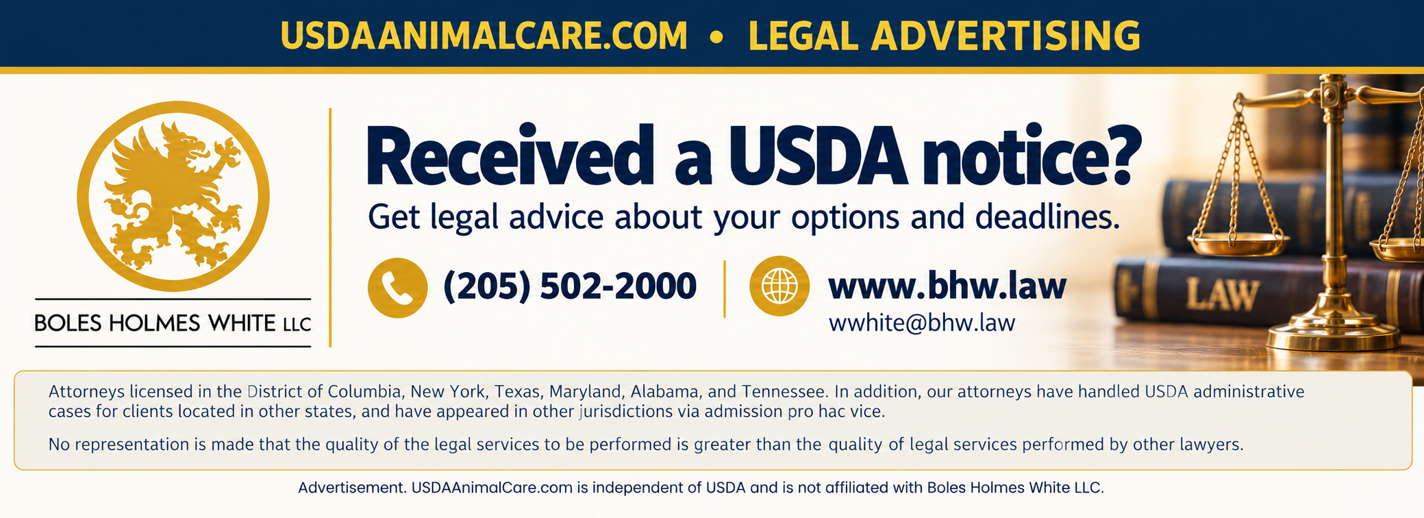 Advertisement: Received a USDA notice? Get legal advice about your options and deadlines. Boles Holmes White LLC — (205) 502-2000, www.bhw.law