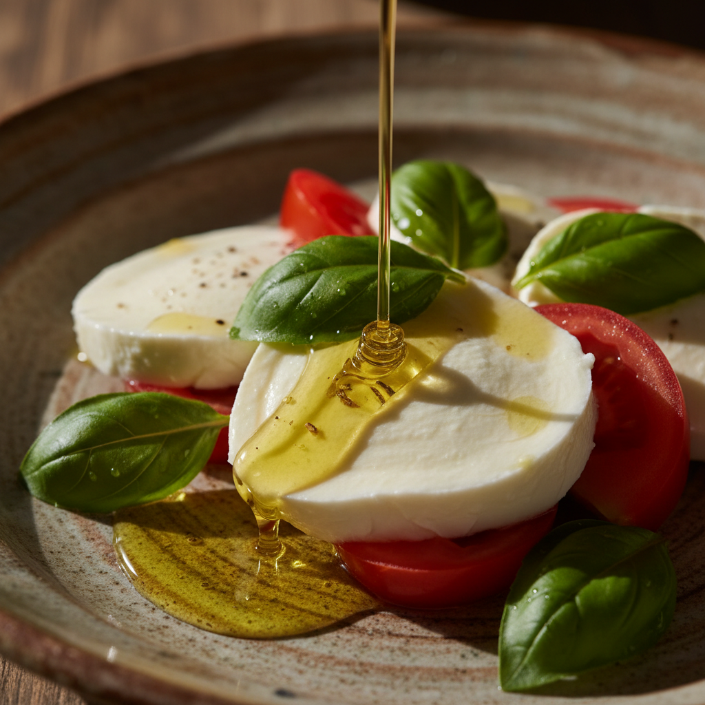 Fresh Mediterranean diet ingredients — extra virgin olive oil, tomatoes, basil, mozzarella, and whole grains