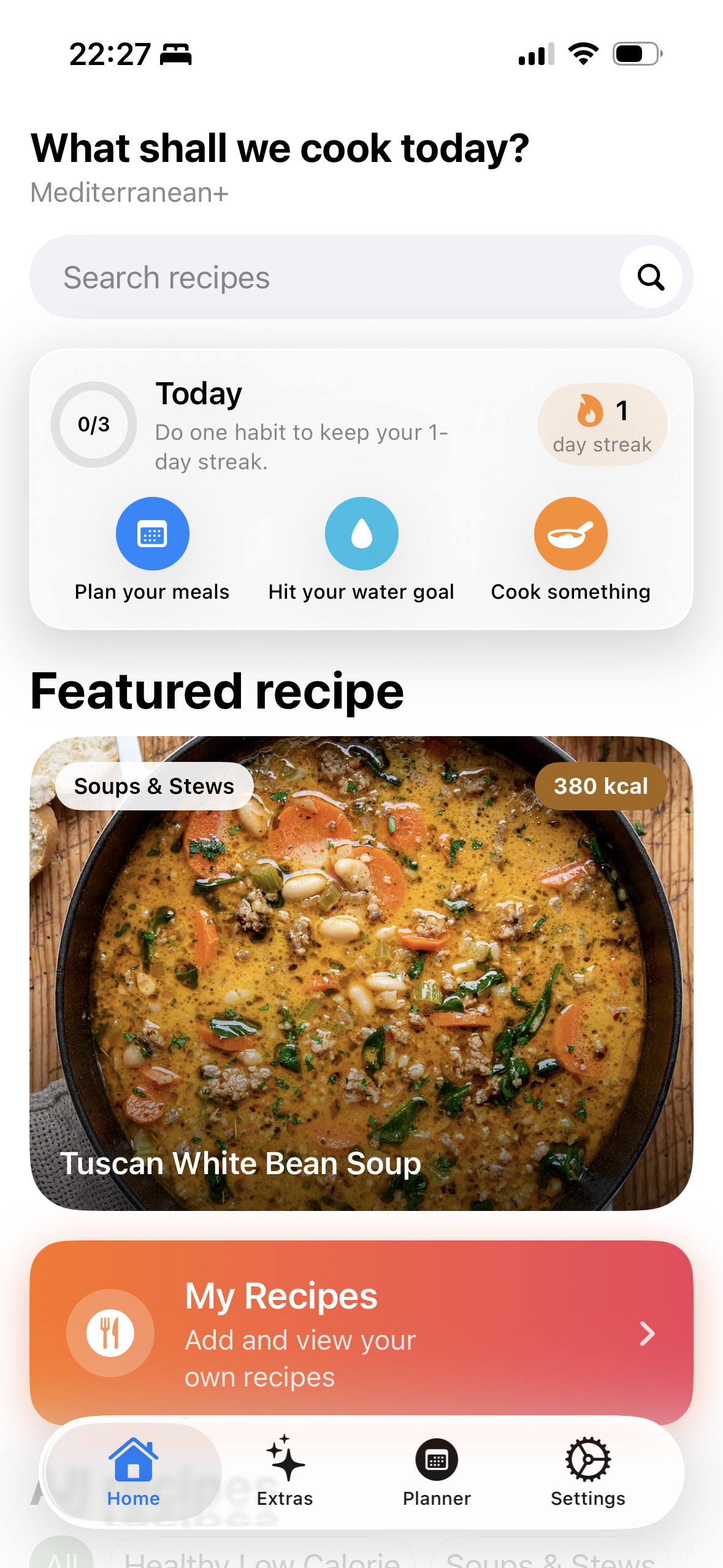 Mediterranean Diet Meal Plan iOS app home screen with today's habit card, featured recipe, and recipe search