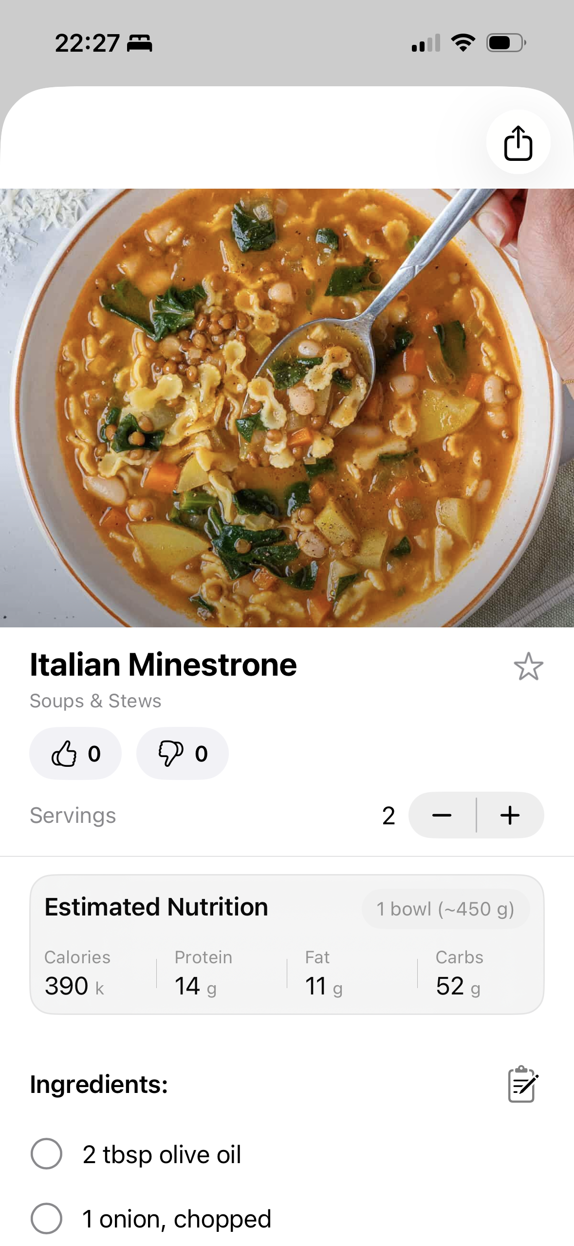Mediterranean Diet Meal Plan iOS app recipe detail screen showing Italian Minestrone with nutrition and ingredients