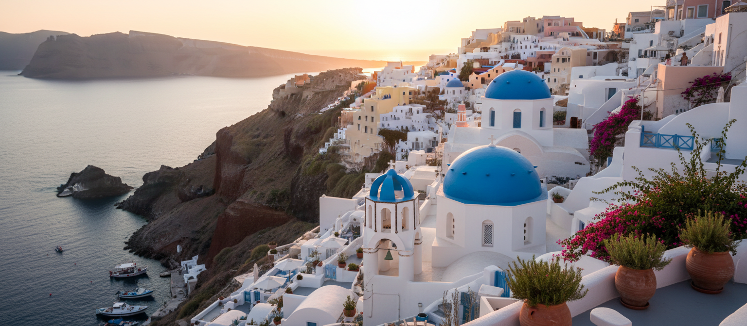 Mediterranean coastal village with whitewashed buildings, azure sea, and healthy outdoor lifestyle