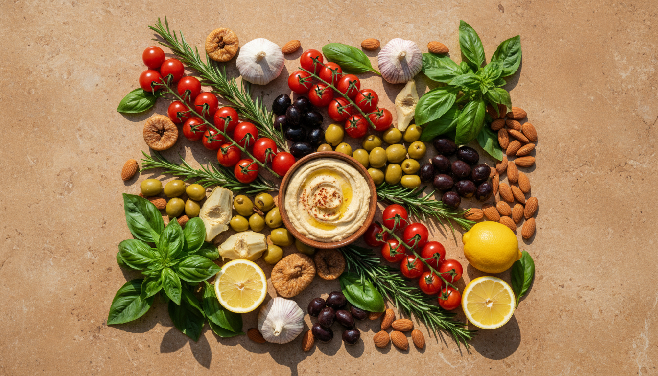 Fresh Mediterranean diet ingredients arranged beautifully — olive oil, vegetables, herbs, and whole grains