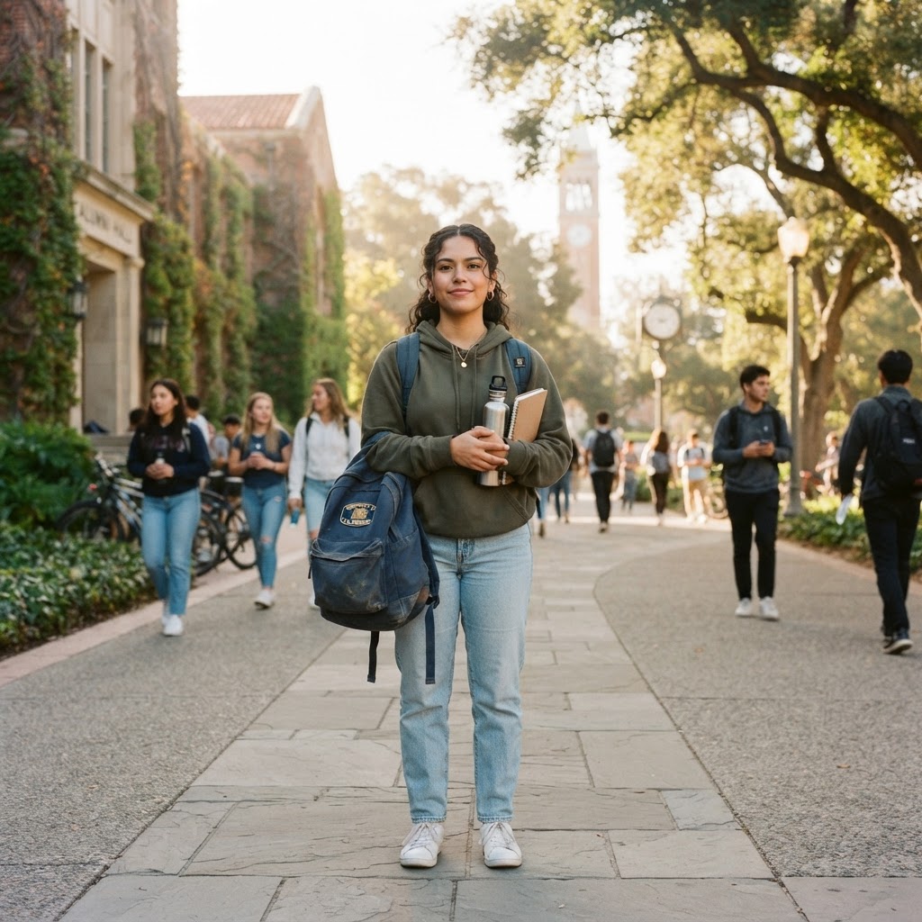 Young Latina woman with backpack on campus