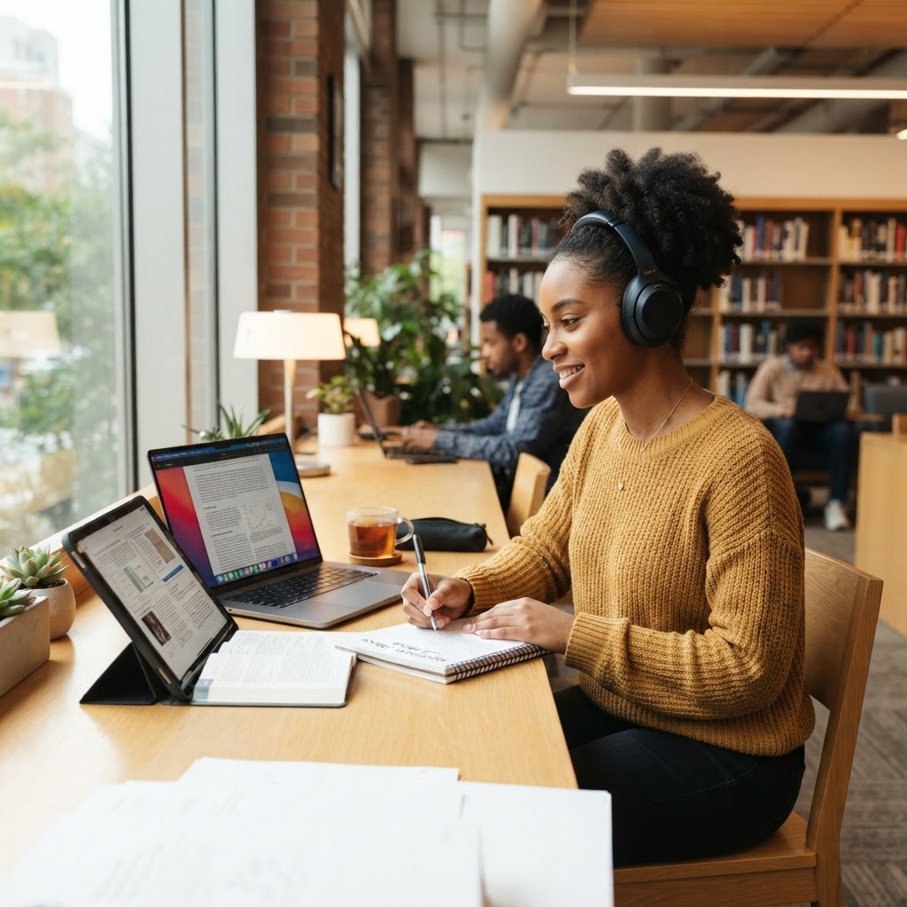African American young adult studying with technology