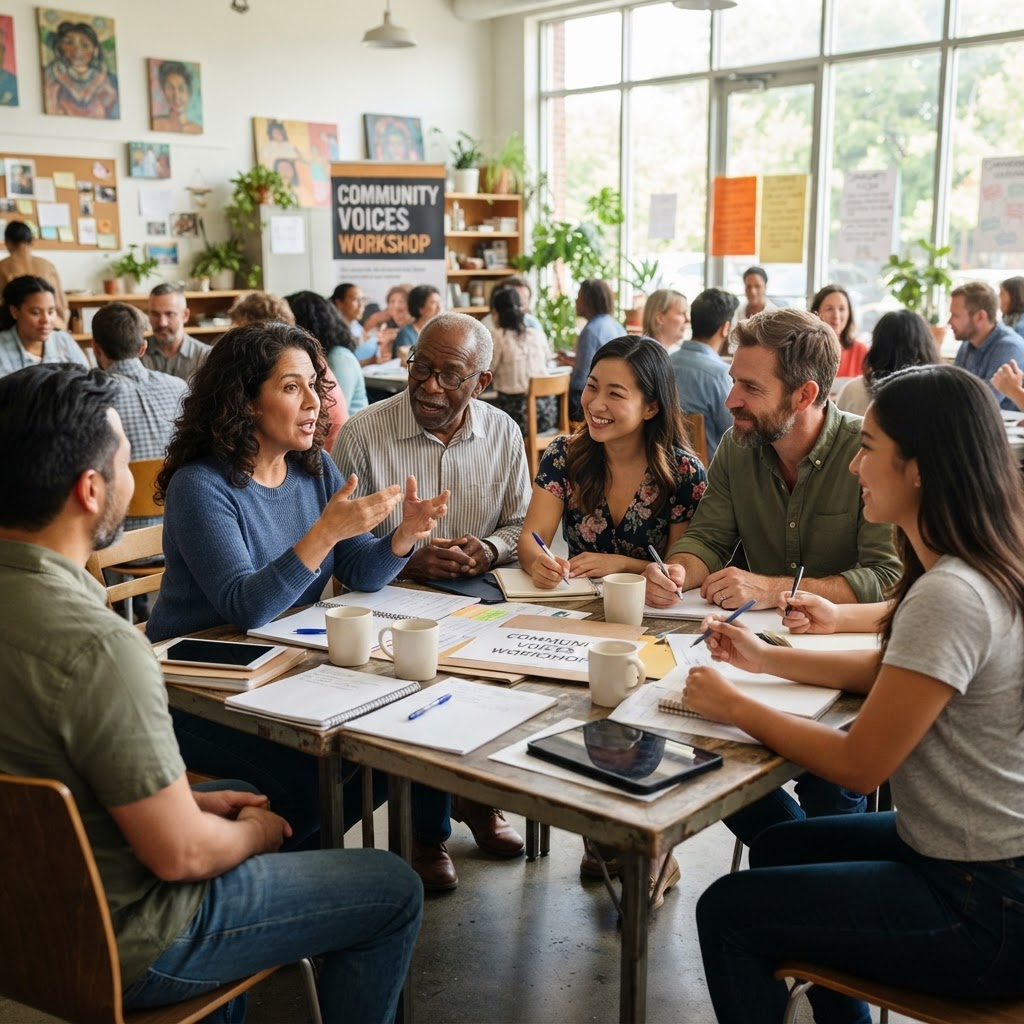 Diverse community workshop with people of multiple ethnicities