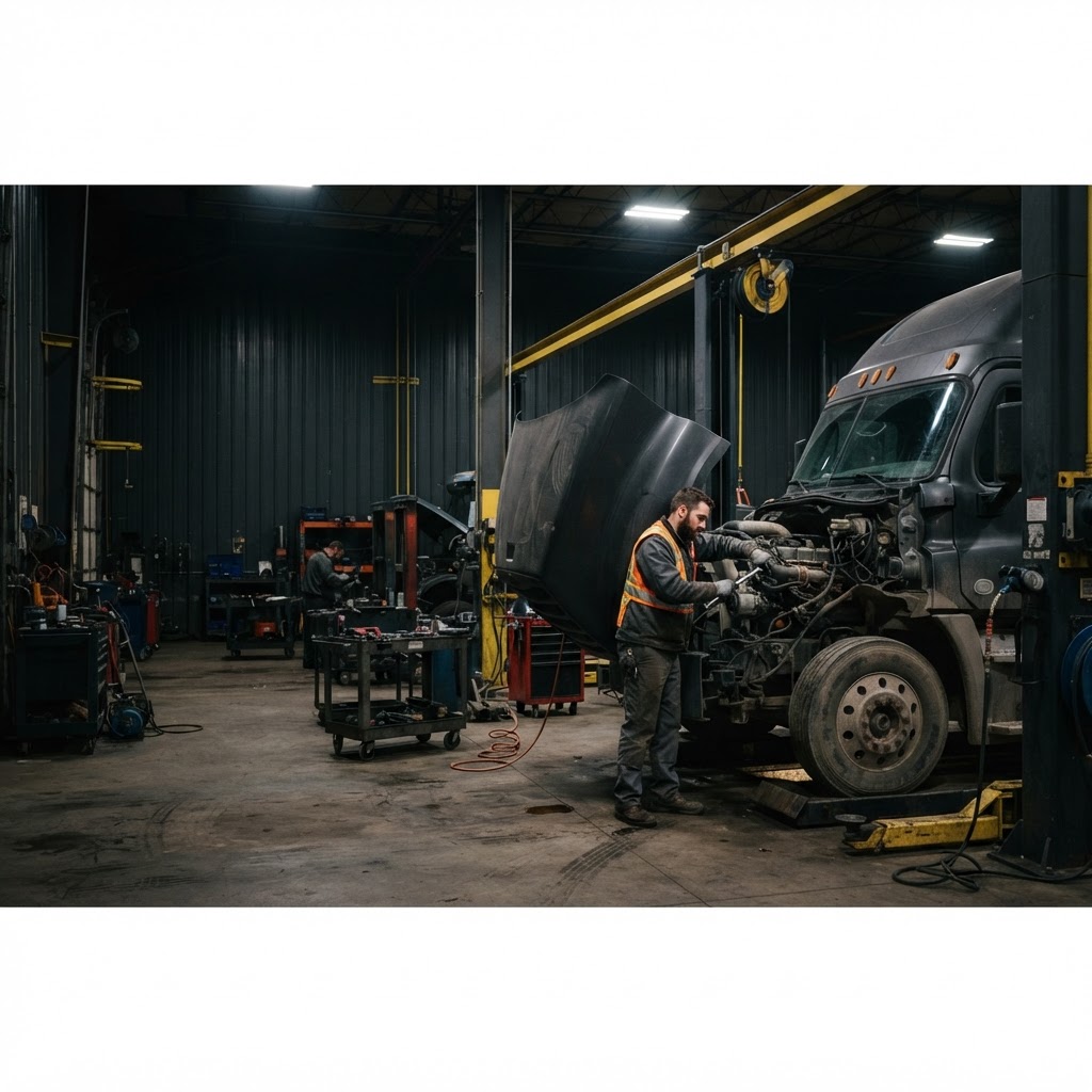 Heavy-duty truck being inspected in a diesel repair bay