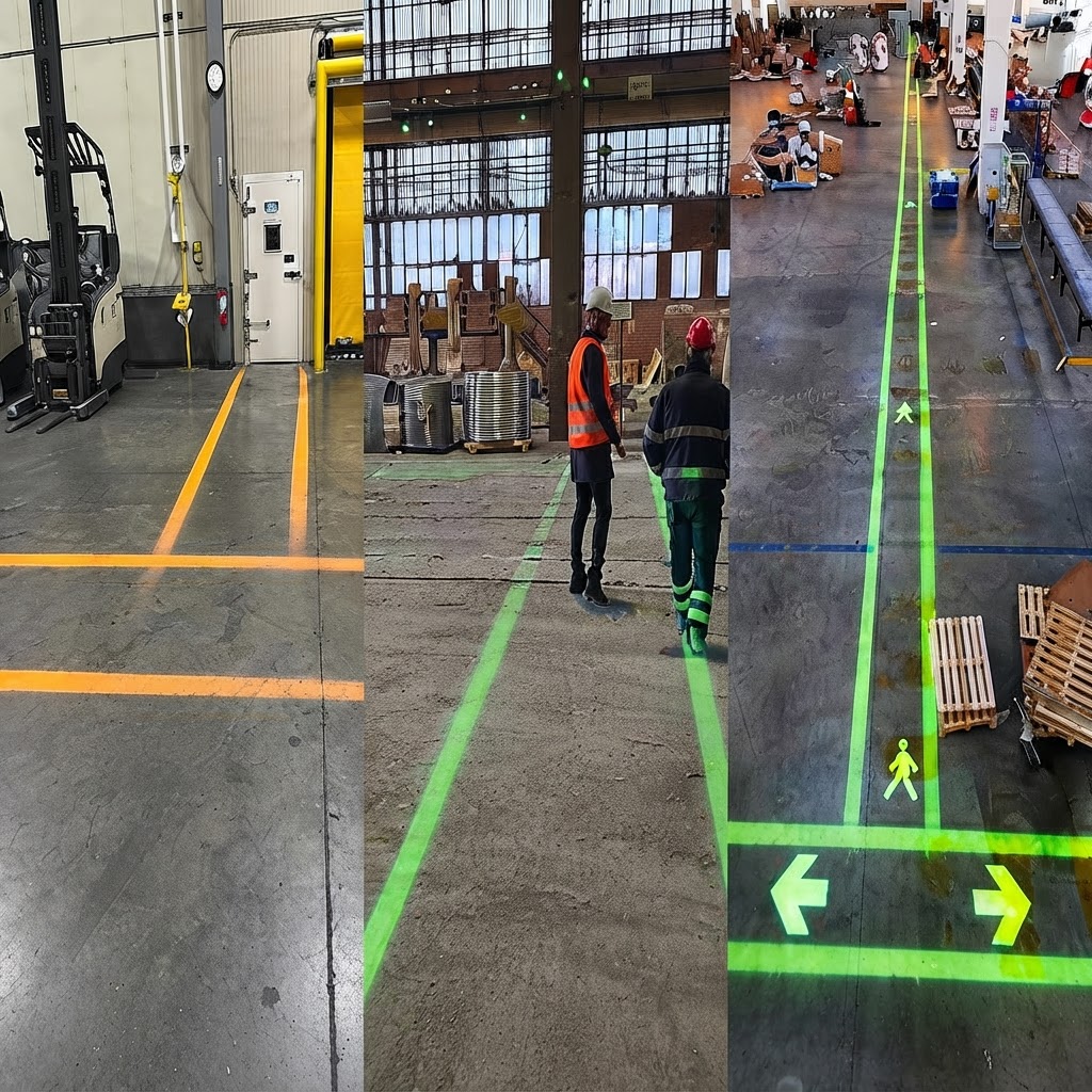 Amber and green projected safety lines marking walkways and safety perimeters in working facilities