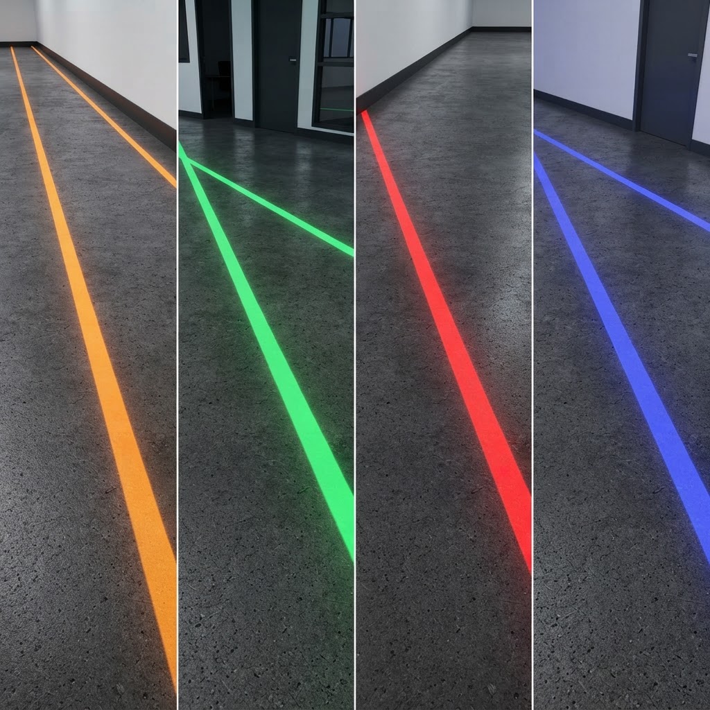 Amber, green, red and blue projected walkway lines shown side by side