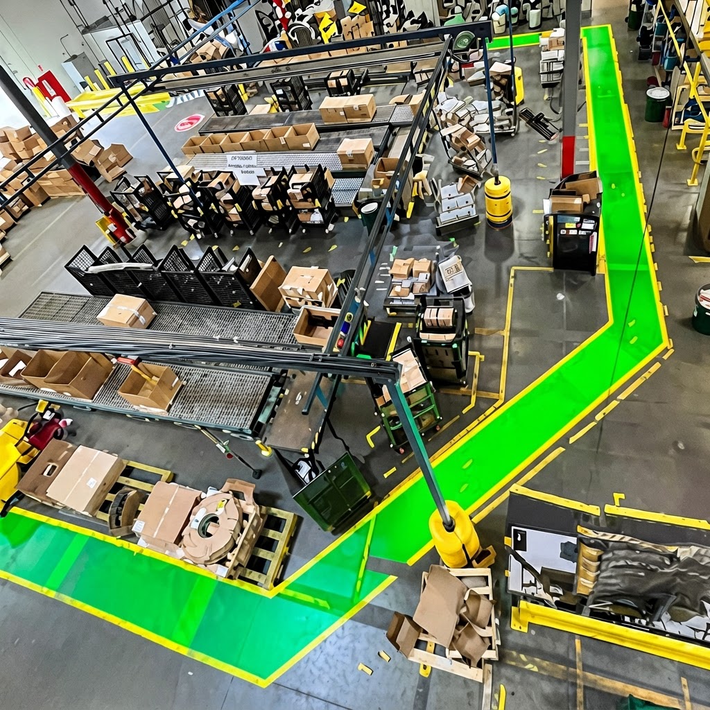 Green projected walkway line winding through warehouse racking